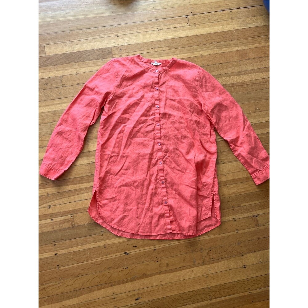 Eileen Fisher 100% linen mandarin collar tunic button down shirt peach coral L